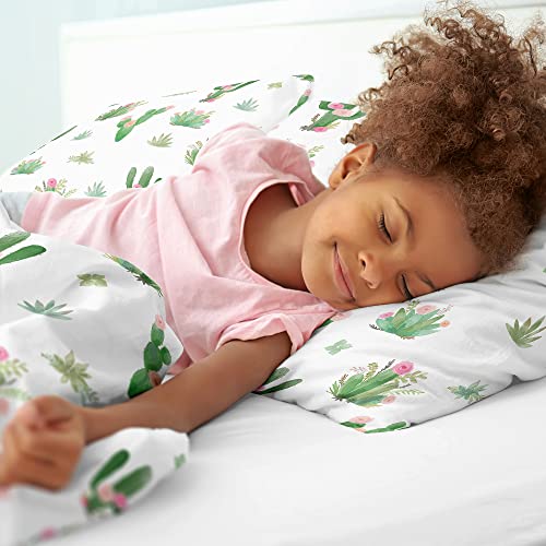 Image of Sweet Jojo Designs Pink and Green Boho Watercolor Cactus Floral Girl Full /Queen Kid Childrens Bedding Comforter Set - 3 Pieces