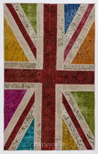Modern Patchwork Rug with Union Jack, Wool & Cotton, D545
