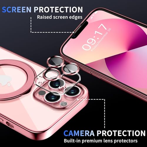 Image of Magnetic for iPhone 13 Pro Case with Invisible Stand[Compatible with MagSafe][Full Camera Lens Protector][Military Drop Protection] Shockproof Not Yellowing Clear Soft Slim for Women Men,Pink