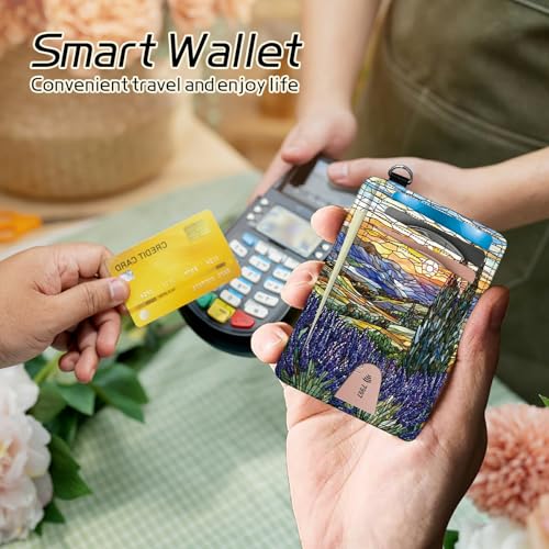 Image of Small Travel Wallets, Stained Glass Lavender Slim Minimalist Front Pocket Wallet with Wristlet, RFID Blocking PU Leather Credit Card Holder with ID Window Change Purse for Men Women