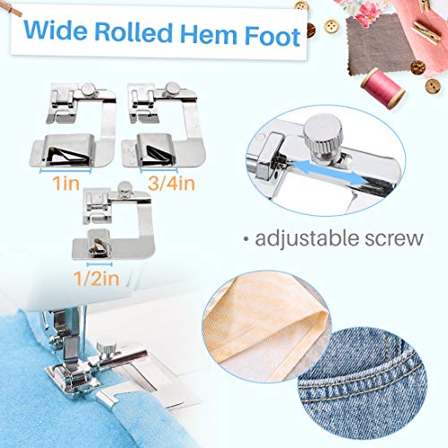 image for Kalevel Wide Rolled Hem Sewing Machine Presser Foot 3 Sizes with Adjus