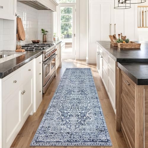 KUTA Vintage Washable Runner Rug, 2.6x8 Runners for Hallways Non-Slip Blue White Kitchen Rugs Ultra Soft Printed Tribal Floor Carpet for Bedroom Living Room Nursery Playroom