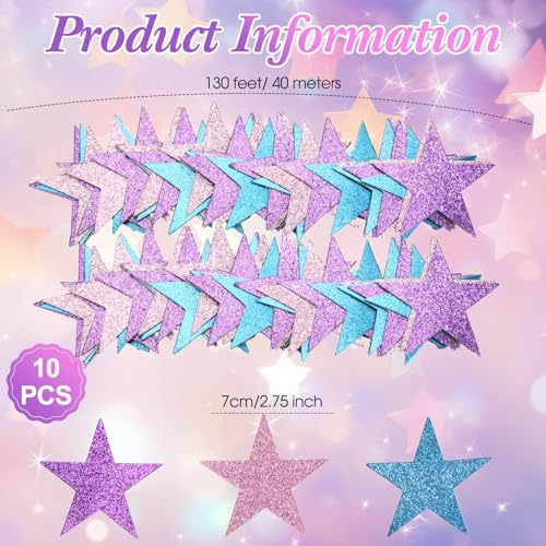 Image of Patelai Glitter Star Garland Banner 2026 Graduation Decor 130 Feet Star Hanging Banner Twinkle Backdrop for Party Birthday Classroom Wedding Supplies (Purple, Pink, Blue)
