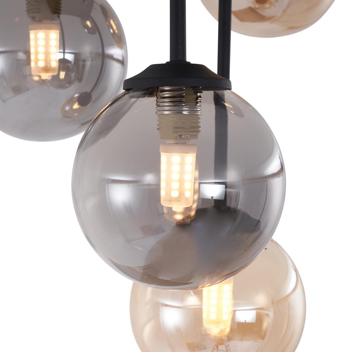 QAZQA - Moderne Deckenleuchte I Deckenlampe I Lampe I Leuchte Schwarz mit Bernstein- und Rauchglas 5-flammig - Athen I Wohnzimmer I Schlafzimmer - Metall Quadratisch I Kugel I Kugelförmig - LED geeign