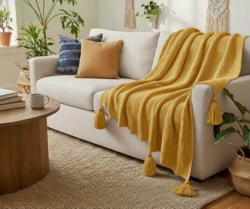 Image of Furnistitchs Plain Solid Knitted Sofa Throw Blanket 50x60 inches / 125x150 cms| Cotton Plain Knit with Tassels | Aesthetic Bohemian Decorative Couch Throws for Living Room & Bedroom (Mustard)