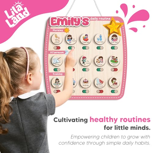 Image of Personalized Wooden Chore Chart for Kids, Daily Routine Chart for Toddlers, Visual Schedule for Kids Age 3-5, Morning Bedtime Routine for Girls (09)