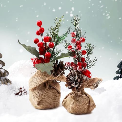 XIAQICA 2 Mini áRbol de Navidad en Maceta de Yute, Flores Artificiales de Cedro NavideñO, Copos de Nieve, PiñAs, Frutos Rojos, DecoracióN de Mesa PequeñA Artificial, Flores de ImitacióN, Ramo de Abeto