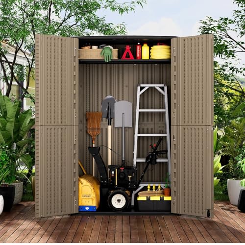 Image of ZZM Large 67 Cu.ft Waterproof Storage Shed, Outdoor Storage Cabinet,Durable Resin Sheds for Patio Furniture, Garden Tools, Pool Accessories, Mower Storage (Coffee)