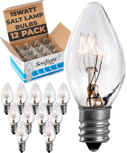 SouLight Salt Lamp Light Bulb - 15 Watt Replacement Bulbs for Himalayan Salt Lamps & Baskets Chandeliers Candle & Wax Warmers Night Light Bulbs. E12 Socket C7 Warm White 12 Pack