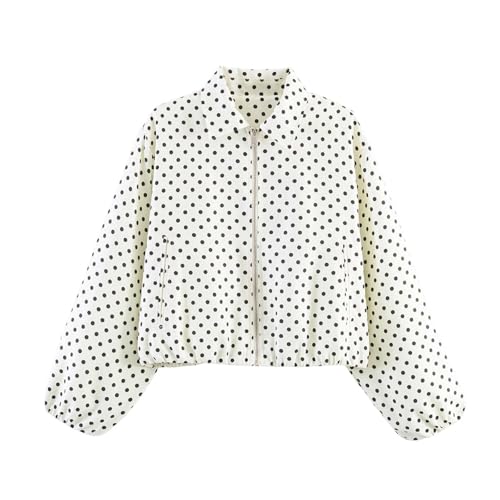 Image of Aopir Women'S Waterproof Running Jacket Women's Polka Dot Cropped Bomber Jacket Long Sleeve Zip Up Stand Collar Casual Loose Fit Lightweight Windproof Outer Coat