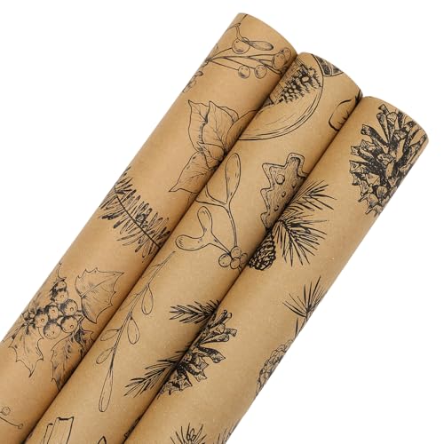Netnology Christmas Wrapping Paper Roll - Brown Kraft Vintage Gift Wrapping Paper for Xmas Birthday Seasonal Winter Holiday Party - 3 Mini Roll -17in x120in Per Roll(42.3 sqft)