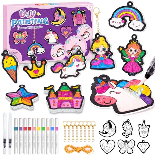 Craft Kits for 4-10 Year Old Kids-Unicorns Princesses Painting Keyring Kits