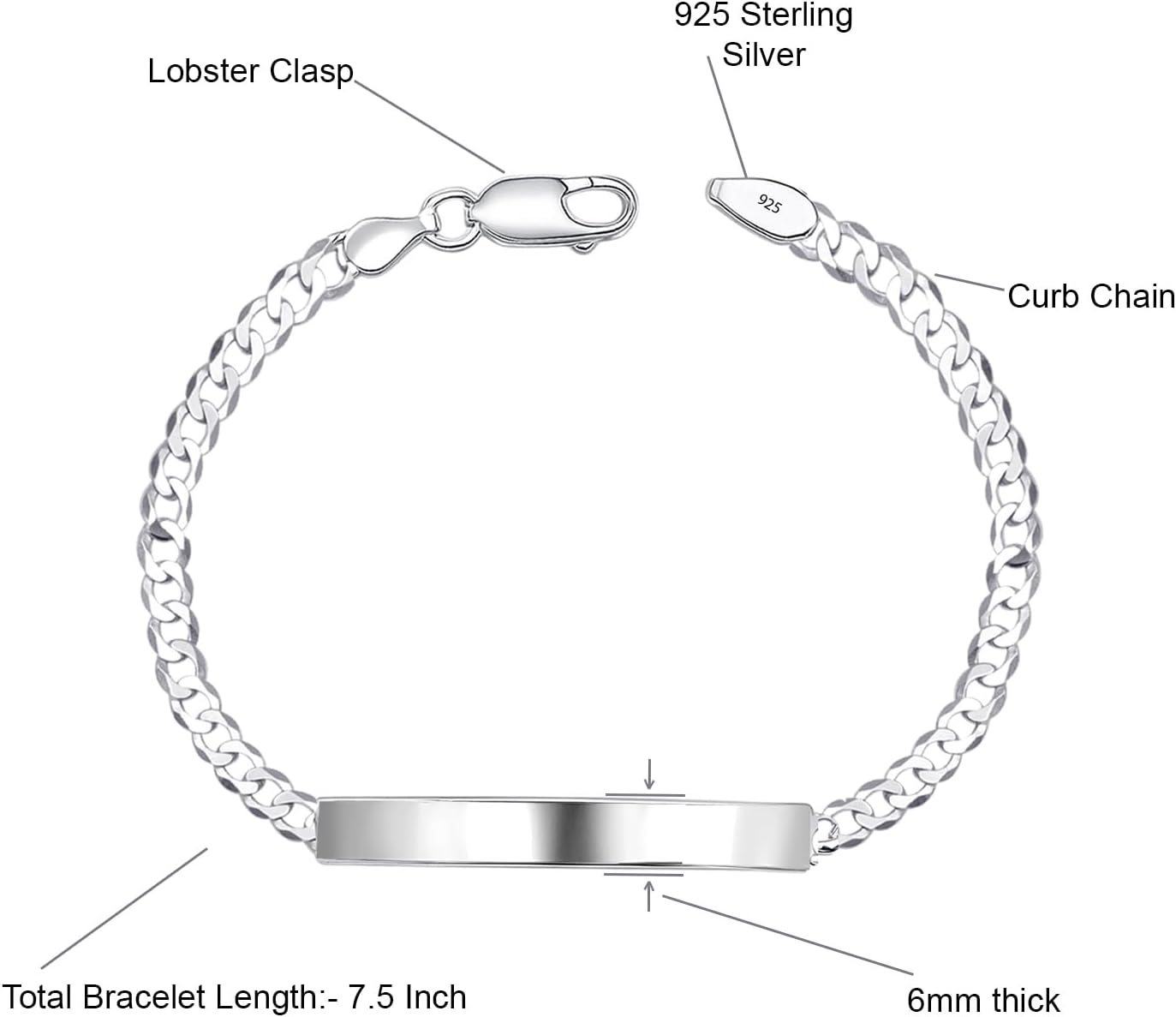 LeCalla 925 Sterling Silver ID Bracelet for Men | Cuban Link Curb Chain Identification Bar Bracelet | Classic Men’s Link Jewelry Gift for Him Dad Husband (7.5, 8, 8.5, 9 Inches)