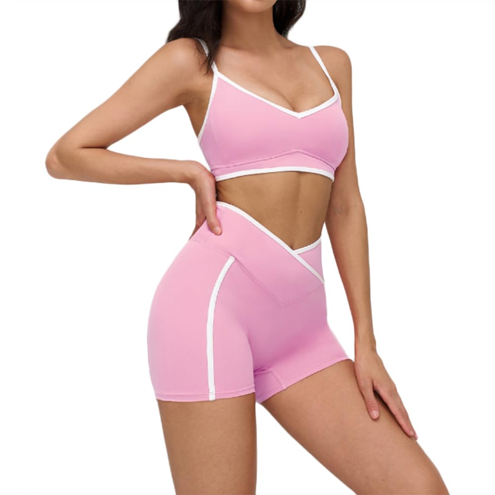 XYFfybhsd Women 2 Piece Contrast Color Quick Dry Yoga Set Beauty Sportswear Push Hip Shorts Pants Yoga Workout (Size:L,Color:Pink 2)