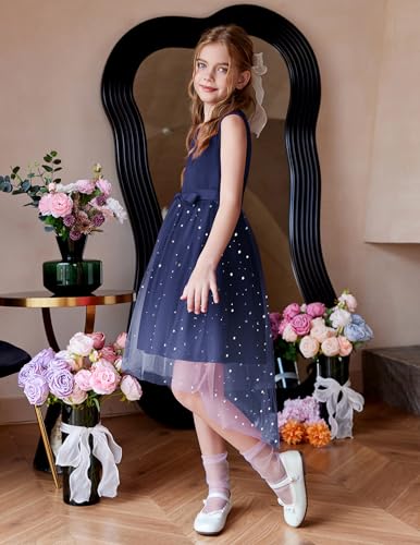 Image of Arshiner Girls Dresses Formal Party Wedding Tulle Sleeveless Contrast Mesh High Low Dress with Belt