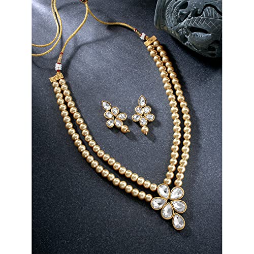 Image of Peora Crystal Faux Pearl Kundan Necklace & Jewellery Set Gift for Women