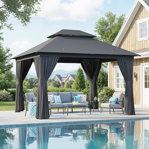 AOXUN Outdoor Gazebo for Patio 10x12, Metal Frame Canopy with Double Roofs, Heavy Duty Party Tent and Shelter with Mosquito Netting and Privacy Screen for Backyard, Lawn, Garden, Deck