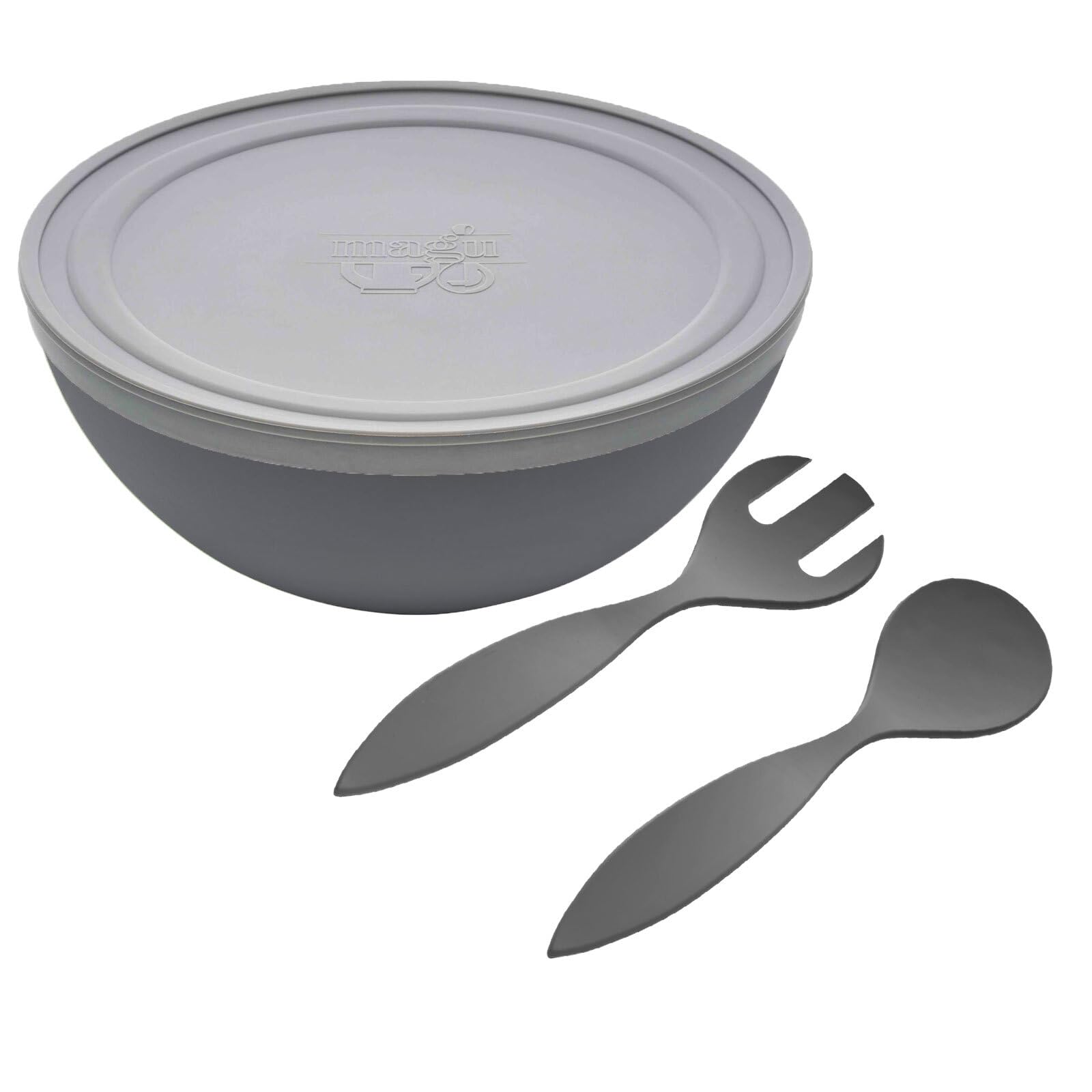 Magu Natur-Design Schüssel Anthrazit mit Deckel und Salatbesteck Ø 26 cm aus einem Polymer aus natürlichen Materialien Schüsselset Salatschüssel