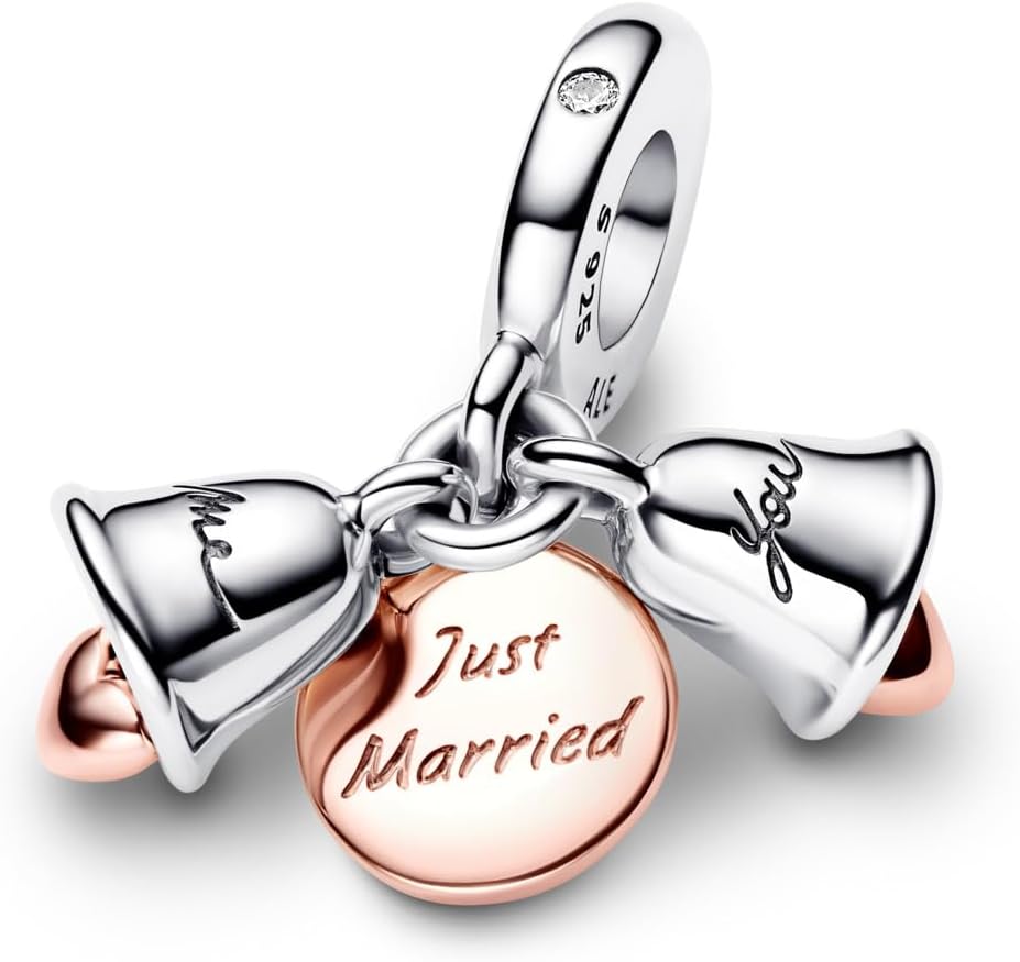 PANDORA Just Married Wedding Bells Double Dangle - A Celebration of a New Milestone - Compatible Moments Charm Bracelets - Sterling Silver & 14k Gold with Cubic Zirconia - No Gift Box