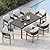Grand patio Outdoor Dining Set for 6, 7 PCS Patio Table and Chairs Set, Metal Woven Wicker Fixed Patio Chairs with Thickened Cushions & 1 Rectangular Woodgrain Dining Table with Umbrella Hole (Black)