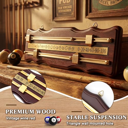 Lewtemi Wooden Billiard Game Scorer 2 Track Wall-Mounted Snooker Billiard Score Board Shuffleboard Scoreboard Classic Snooker Recorder for Pool Table Shuffleboard Games Rooms, Wine Red - Image 3
