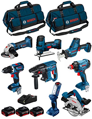 BOSCH Kit 18V BK802BAG (GDX 18V-180 + GSR 18V-60 C + GBH 18V-21 + GKS 18V-57 + GST 18 V-LI S + GWS 18-125 V-LI + GLI 18V-300 + GSA 18 V-LI C + 3 Batterien 5,0 Ah + Ladegerät + 2 Taschen)