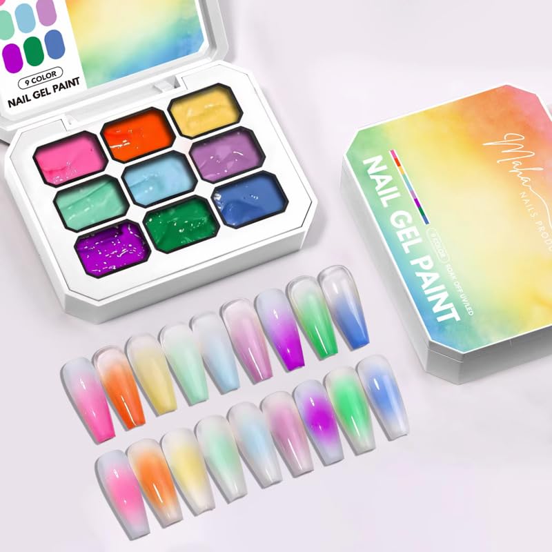 Palette Gel Paint Nail Art Professionnel Maha nails product, 9 Couleurs Ultra Pigmentées, Sans TPO et HEMA, Séchage 1 Minute (Summer)