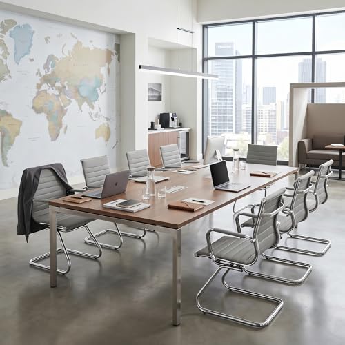 Image of HNY Leather Office Guest Chairs & Reception Chairs Set of 6, Modern Waiting Room Chairs with Arms, Desk Chair no Wheels with Sled Base for Waiting Room /Conference Room, Grey