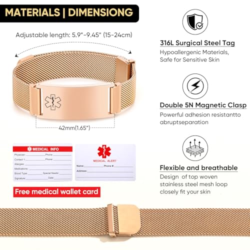 VNOX Medical Alert Id Bracelet for Men Women, Custom Engraving Adjustable Stainless Steel Customizable Mesh Emergency Survival Medic Bracelets Wristband Loop Band with Replacement Tag - Image 5