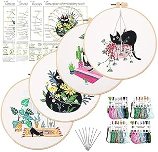 OmeHoin 4pcs Embroidery Kit for Beginners, Cat Pattern Embroidery Starter Kits for Adults , Include Embroidery Clothes with Pattern Embroidery Hoops and Instructions , Cross Stitch Set for Adults