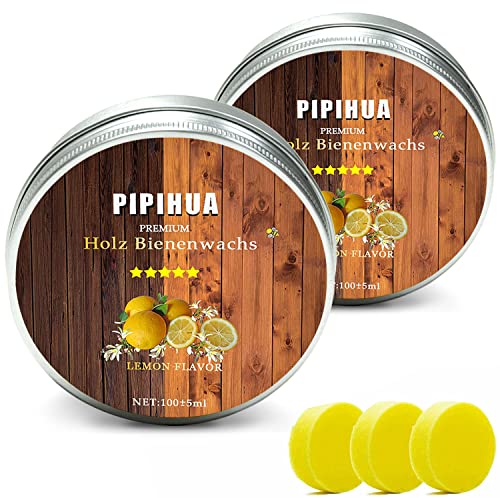 PIPIHUA Cera de Abeja Natural, para el Cuidado de la Madera, Cera Impermeable, Muebles y Protección de la Madera en Abrillantador para Muebles, 2 X 100 g Con 3 Esponjas(Limón)