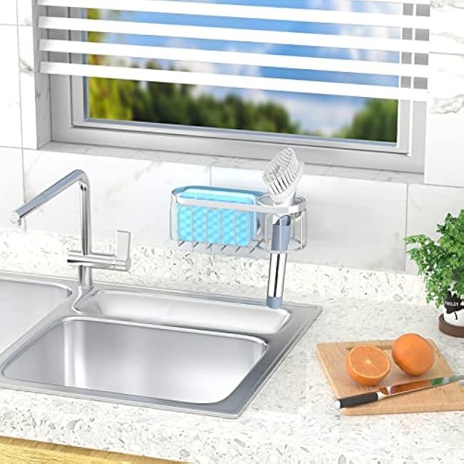 Yazoni 2-in-1 Sponge Holder for Kitchen Sink, Suction Cup Kitchen Caddy, No Drill Rustproof Sink Organizer for Place Dishwashing Brush Soap and Sponge (Silver)