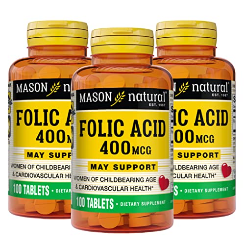 Mason Natural Folic Acid 400 mcg, Daily Supplement for Health, Mood and Prenatal Care, for Women of Childbearing Age, 100 Tablets (Pack of 3)
