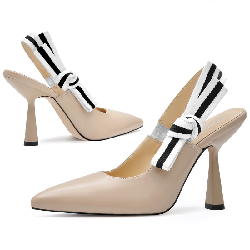 Image of HOCHFART Women's Slingback Kitten Heels Closed Pointed Toe Slip On Pumps | Bowknot, Elastic Slingback Strap, Office, Wedding, Bridal, Formal, Events, Church, Gathering, Casual Outing