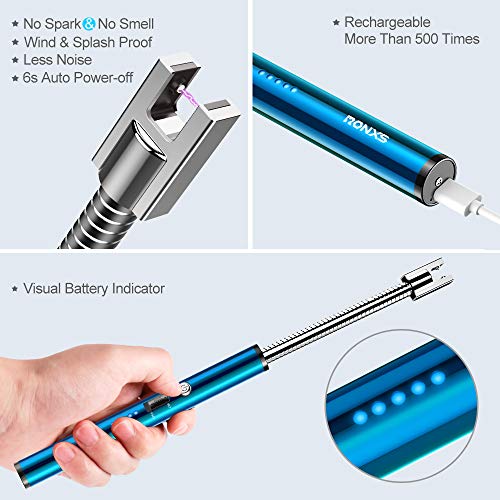 RONXS Lighter, Upgraded Candle Lighter Camping Lighter Grill Lighter USB Lighter Plasma Arc with LED Battery Display Safety Switch, Longer Flexible Neck for Candle Cooking BBQs Fireworks (Blue)