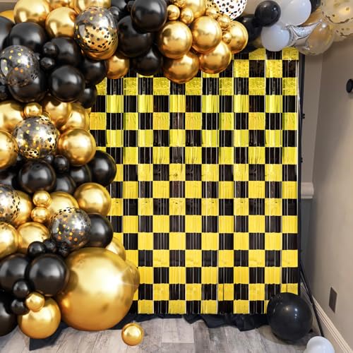 Image of Graduation Balloon Garland Arch Kit Birthday Party Decorations, Black Gold Fringe Backdrop Tinsel Streamers Photo Booth Prop for Graduation Prom Wedding Anniversary Retirement Party Decor Supplies