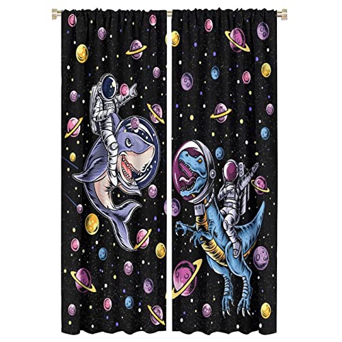 Funny Dinosaur Blackout Curtains for Bedroom,Cartoon Cool Astronaut Riding Shark Psychedelic Galaxy Outer Space Window Drapes - Thermal Insulated Noise Reduction,42x63in Room Darkening Curtains
