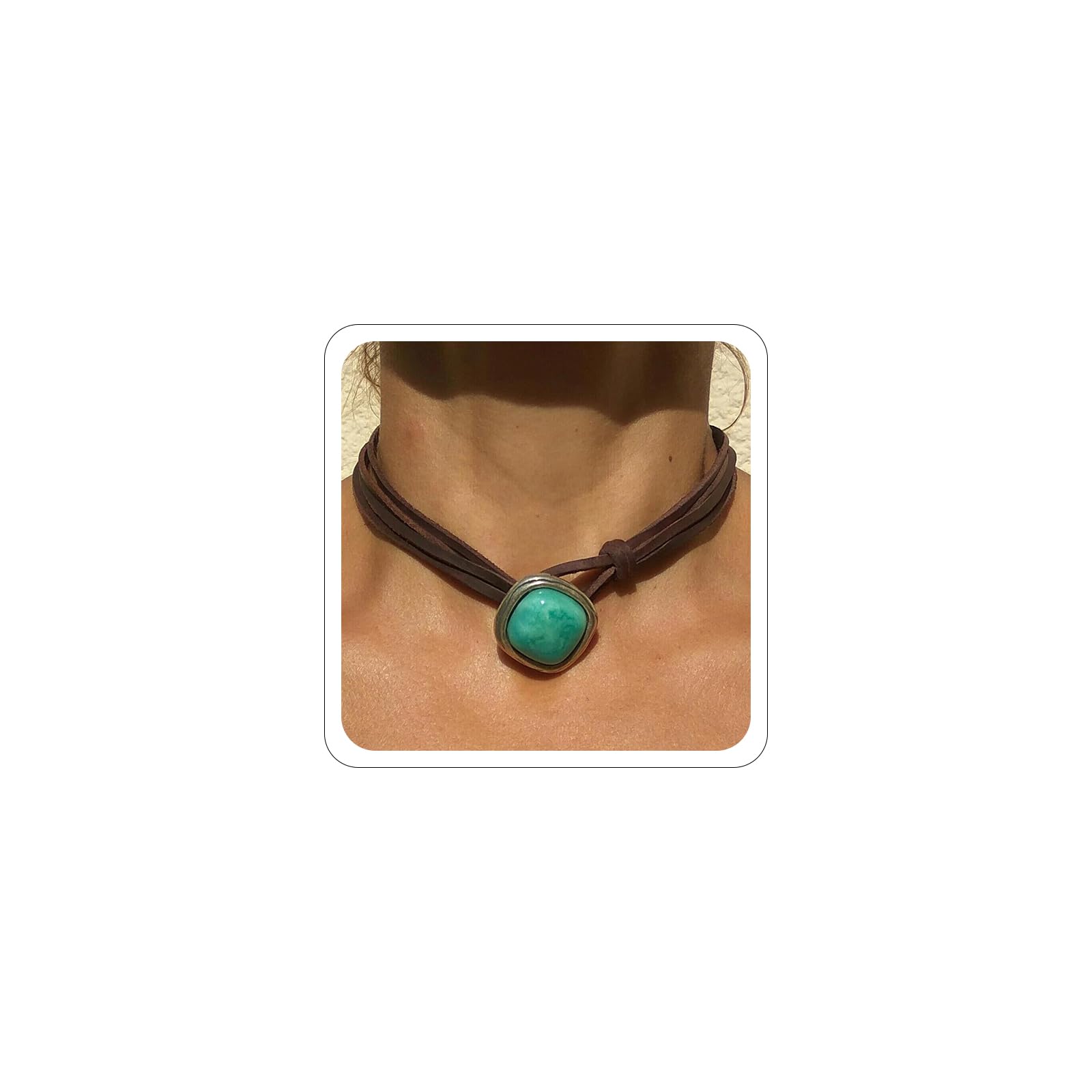 Xeyau Boho Necklace Leather Necklace for Women,Bohemian Brown Suede Leather Necklaces Turquoise Suede Choker Necklace Boho Wrap Necklaces Jewelry