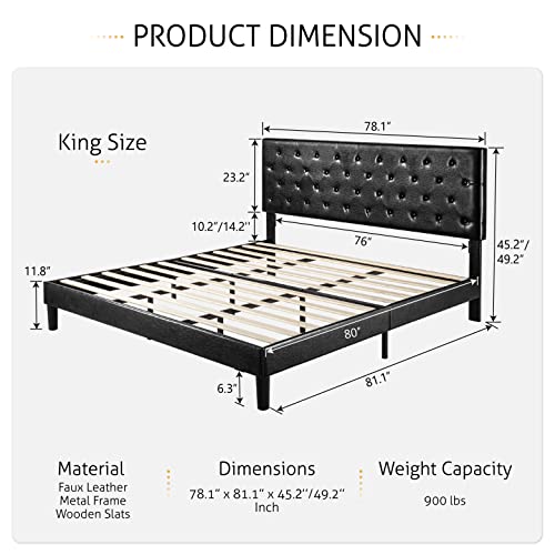 image for SHA CERLIN King Size Platform Bed Frame with Button Tufted Headboard, 