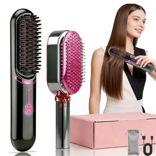 ZZJTPA Cepillo alisador de pelo inalámbrico, cepillado recto sin cuerda, peinado recto con función de carga usb, cepillado recto de iones negativos dos en uno para Salón profesional (Negro)