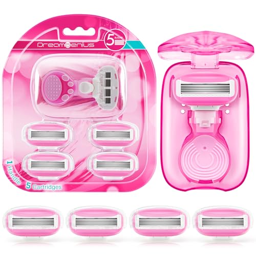 Image of DreamGenius Travel Razors for Women Include 1 Handle and 5 Cartridges, Extra Smooth 5-Blade Travel Essentials Razor with Case for Shaving, Pink
