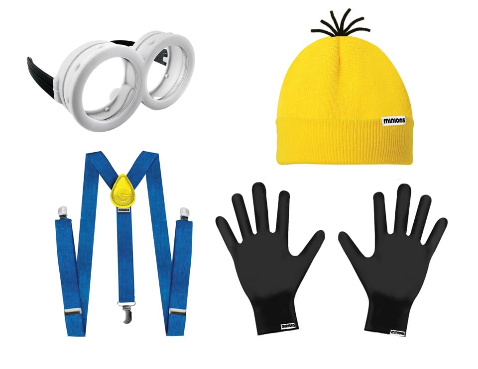 Sun-Staches Official Minions Costume Accessory 4 Pc. Set | Signature Goggles, Suspenders, Hat and Minion Gloves | One Size Fits Most