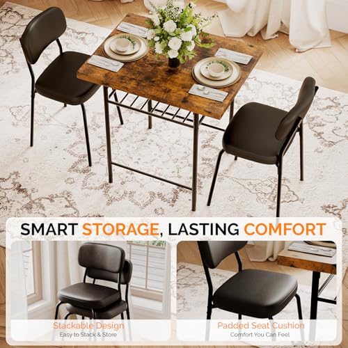 Image of VINGLI Dining Table Set for 2, Small Kitchen Table Set with Upholstered Chairs, 3-Piece Dining Set with Storage Rack, Wood Dining Room Set with Metal Legs for Small Spaces, Living Room, Rustic Brown