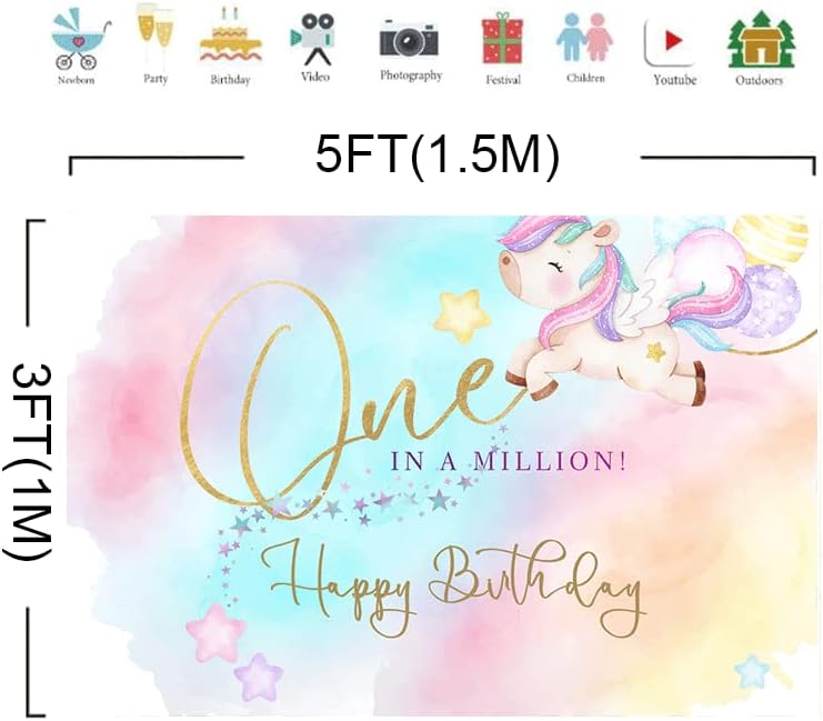 Miniatura 3 de Telón de fondo de unicornio rosa de ensueño para el primer cumpleaños de 5 x 3 pies, fondo uno en un millón para niñas y niños, fotografía de