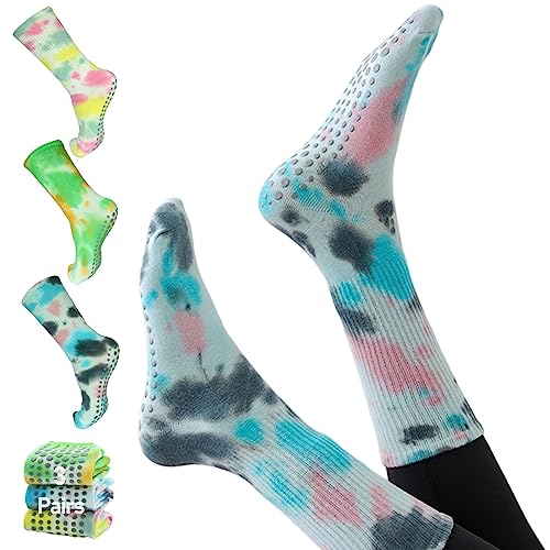 Dexspoeny 3 Pack Pure Cotton Grippy Socks, Non Slip Yoga Socks Womens, Pilates Socks with Grips, Non Skid Barre Socks for Women,Tie Dye Grip Socks Men