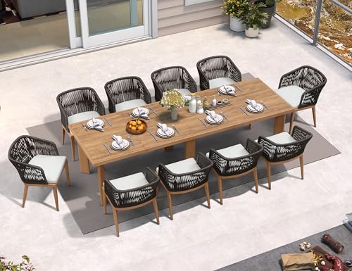 Image of PURPLE LEAF Outdoor Dining Set for 10 with Sunbrella Cushion Chairs Teak