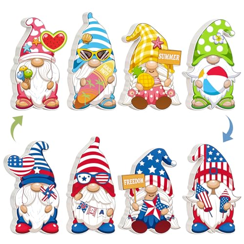 Summer 4th of July Decorations 4 Pcs Reversible Wooden Gnome Table Decor for Tiered Tray Mantel Decorations Patriotic Independence Day Centerpieces for Home Office Gifts
