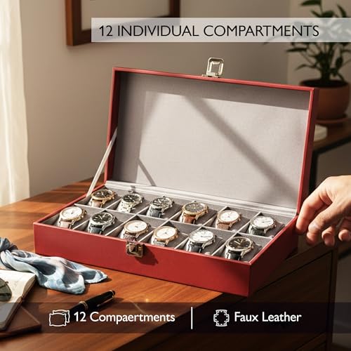 Image of MDF Unisex Faux Leather Watch Organiser Box with 12 Slots | Color: Maroon