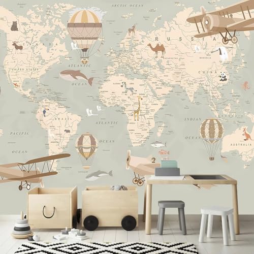 AFZEVEB-Vintage Animal Wallpaper Cartoon Aircraft Map wall murals for Kids Room 136'x96'(Not Peel...