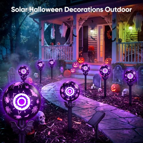 NESSTU Solar Halloween Decorations Outdoor - 4 Pack Halloween Solar Lights Outdoor Waterproof Purple Demon Eyeball Pathway Lights Solar with 8 Lighting Modes for Spooky Yard Garden Decor — view 4